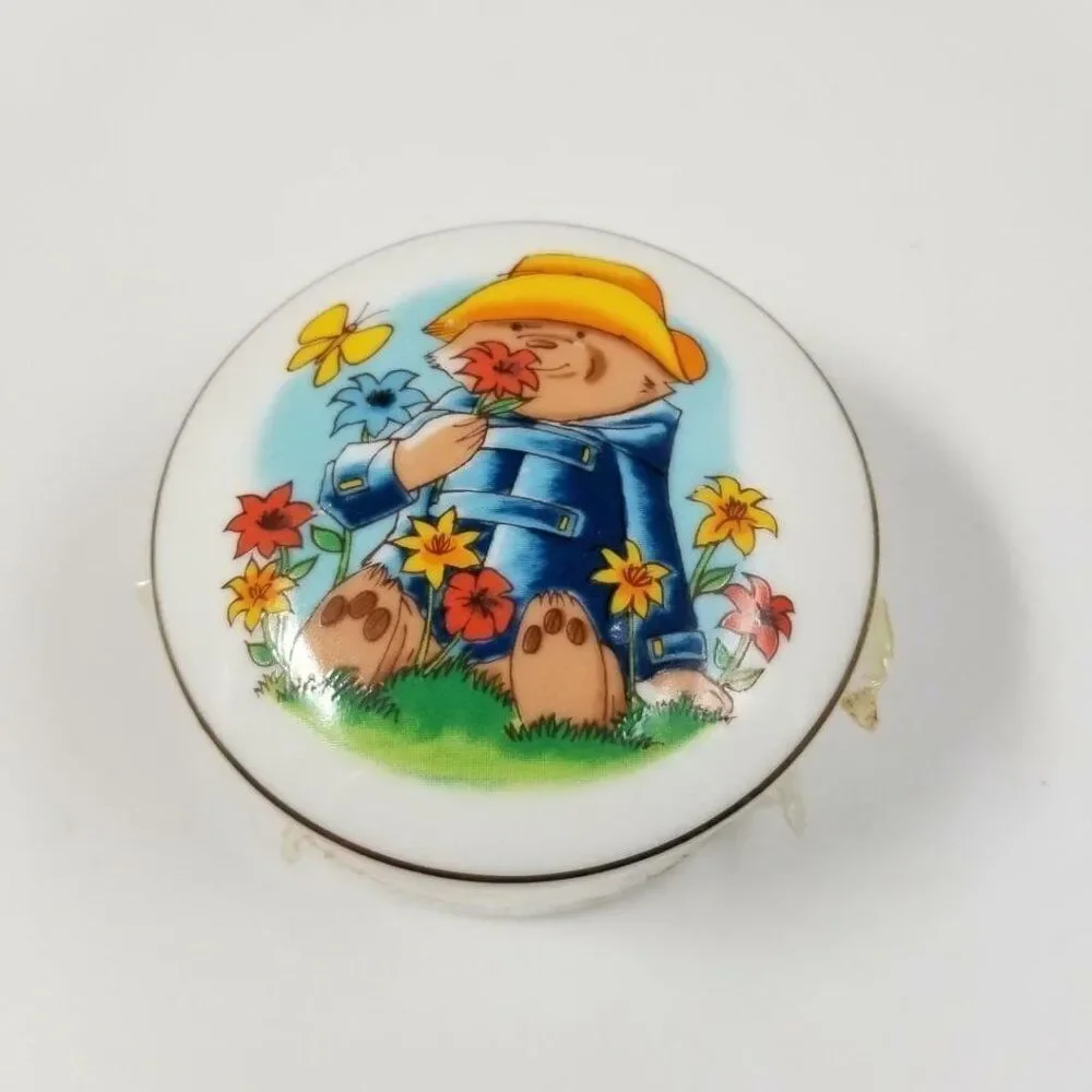 Vintage Paddington Bear Childs Round Covered Jewelry Trinket Box 1981 Japan